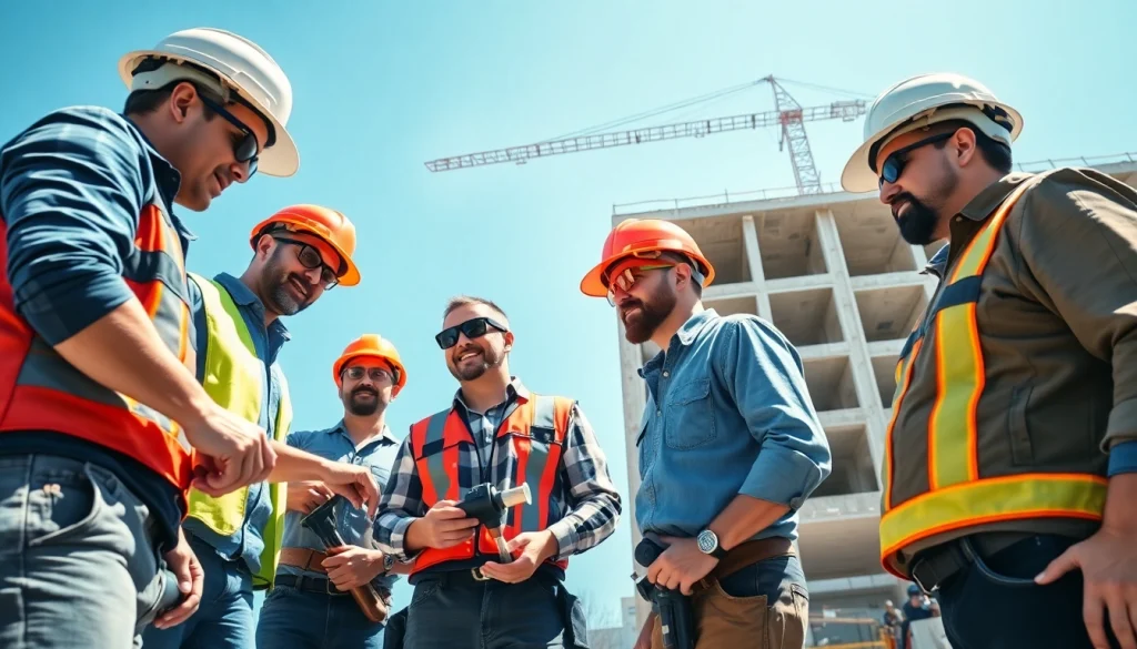 Highlighting careers in construction with teamwork and diverse tradespeople on a building site.