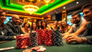 Players enjoy a captivating poker game at a luxurious casino, embodying excitement and the essence of luongsontv.