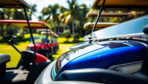 Discover pre-owned golf carts in vibrant colors parked on a sunny golf course.