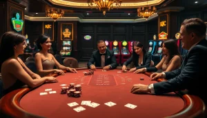 KJC branded poker chips on a luxurious casino table showcasing high-stakes gaming.