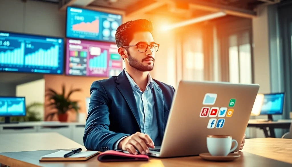 Engaging social media strategist discussing plans for https://boost-social-media.com in a vibrant office.