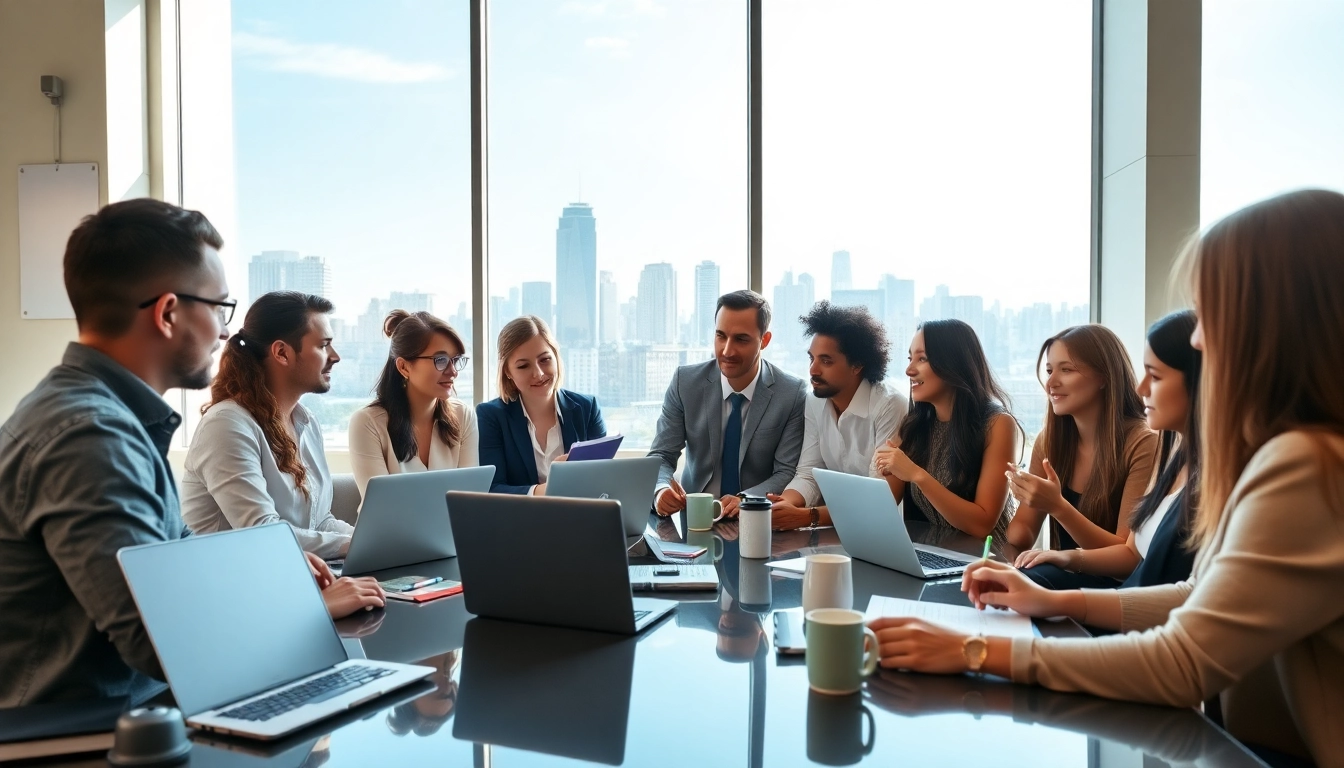 Engaged professionals collaborating in a business setting, emphasizing teamwork and innovation.