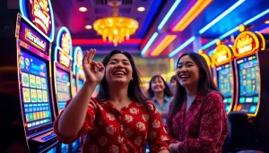 Adegan yang menarik menampilkan pengalaman bermain online Birutoto yang dinamis dengan para pemain yang enerjik di sekitar mesin slot.