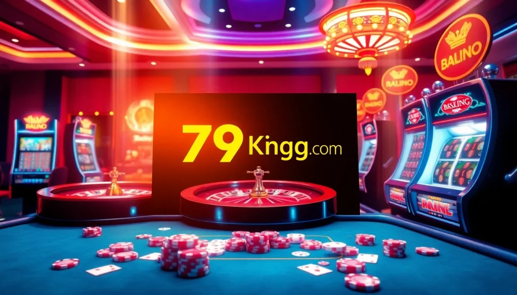 Experience the excitement with 79king com đăng nhập at a luxury online casino interface featuring card tables and slot machines.