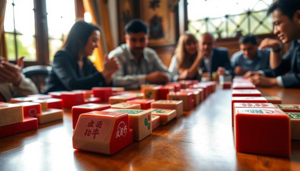Mahjong yang menarik dengan ubin berwarna cerah di latar belakang dalam suasana permainan.