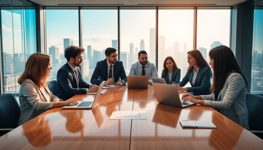 Engaging business meeting showcasing collaboration among professionals in a modern office.