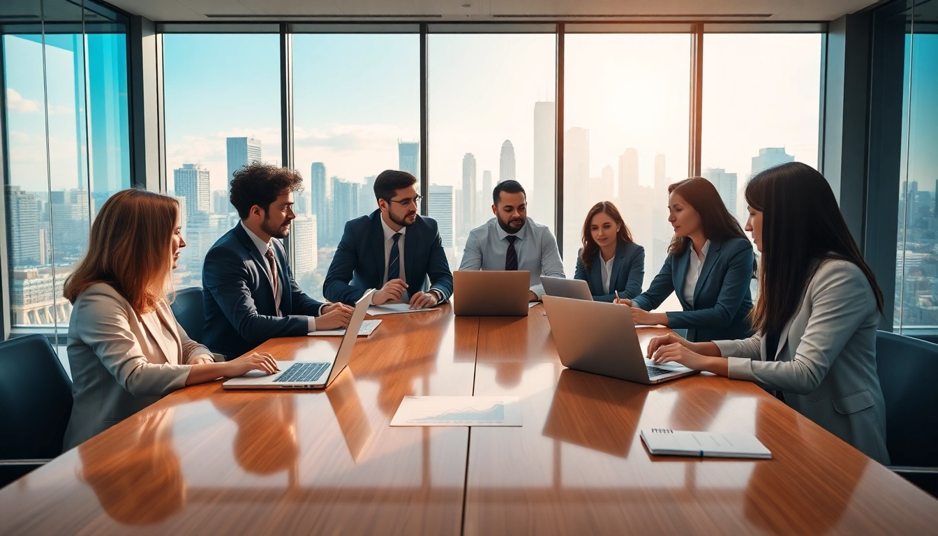 Engaging business meeting showcasing collaboration among professionals in a modern office.