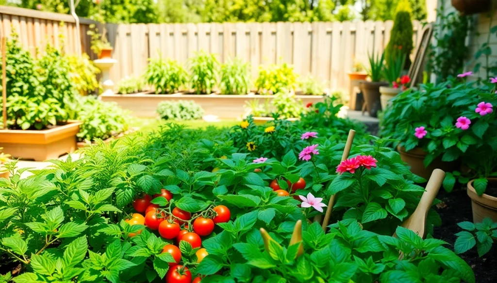 Engaging scene of Gardening in a colorful vegetable garden with vibrant plants.