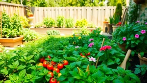 Engaging scene of Gardening in a colorful vegetable garden with vibrant plants.