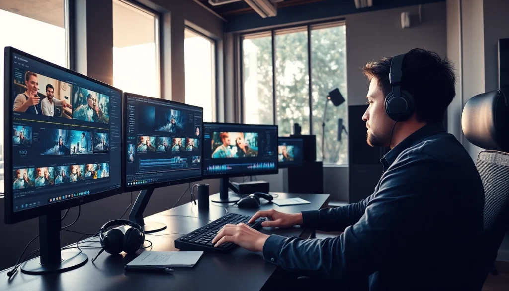 Professional video editors engaging in video production with modern equipment in a vibrant editing space.