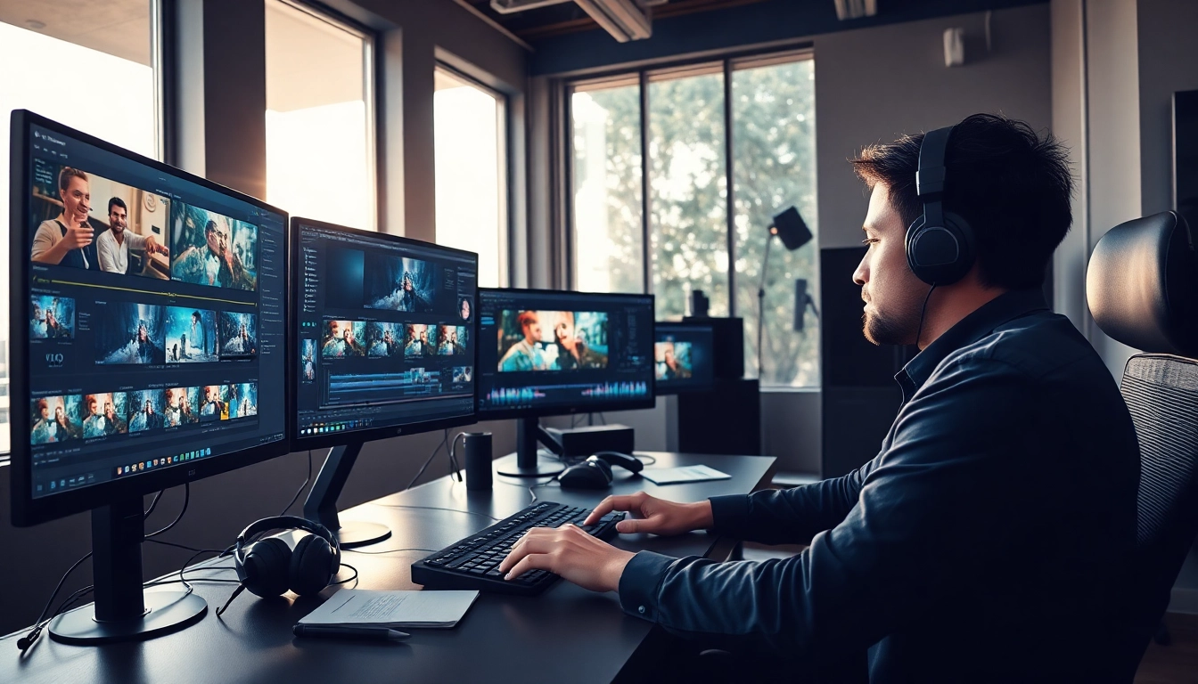 Professional video editors engaging in video production with modern equipment in a vibrant editing space.