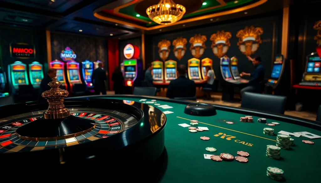 Exciting gameplay experience at MMOO casino with colorful poker chips and vibrant slot machines.