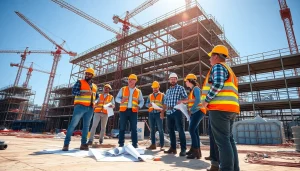 Construction association Colorado professionals collaborating on a building project with cranes in the background.