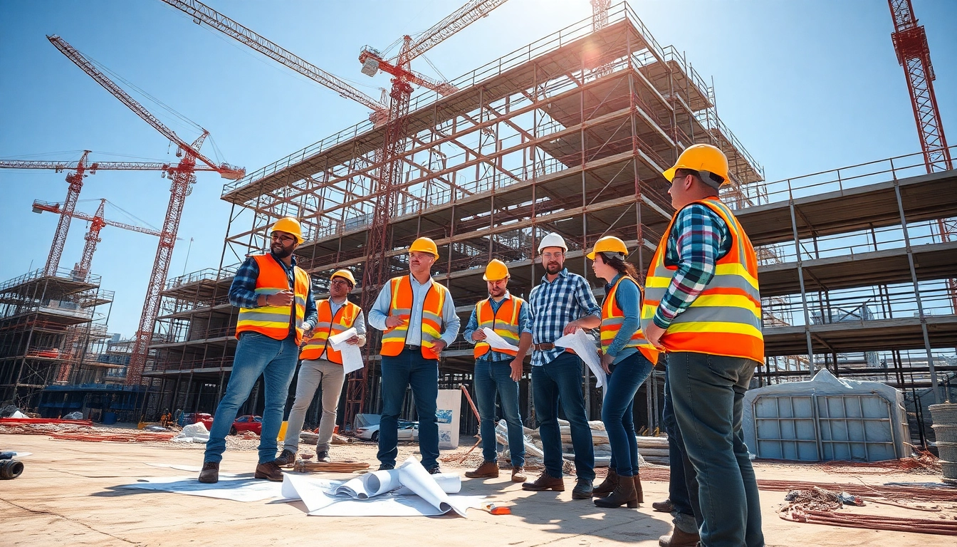 Construction association Colorado professionals collaborating on a building project with cranes in the background.