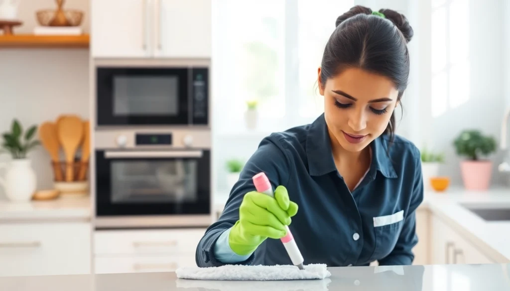 Cleaning service professional working diligently in a pristine kitchen, showcasing dedication and expertise.