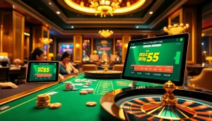 Gambling excitement at win55 com with vibrant casino tables and engaging players.