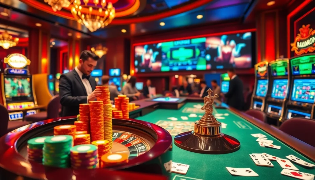 Engage with RAJABARONG at a luxurious casino featuring vibrant roulette tables and animated slot machines.
