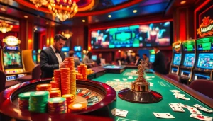 Engage with RAJABARONG at a luxurious casino featuring vibrant roulette tables and animated slot machines.