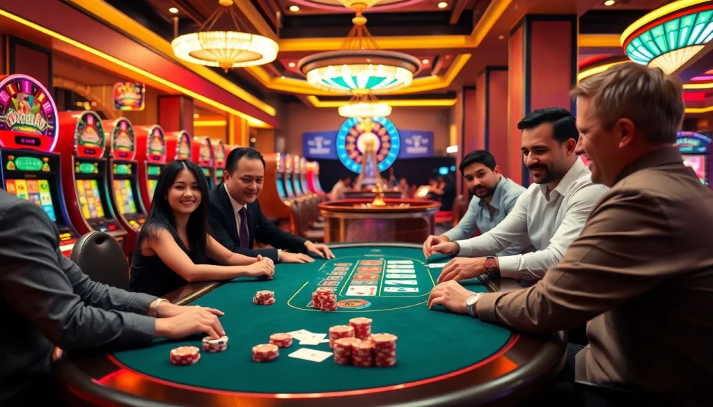Excited gamblers trying their luck at the cổng game 789club, featuring poker tables and slot machines.