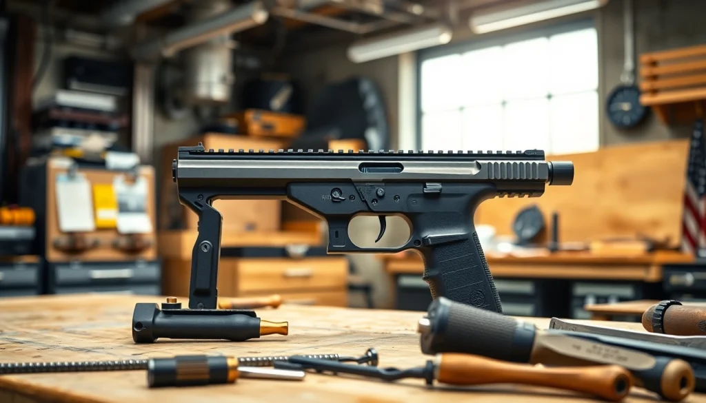 Showcasing pf940v2 glock 17 frame kit with assembly tools in a well-lit workshop.
