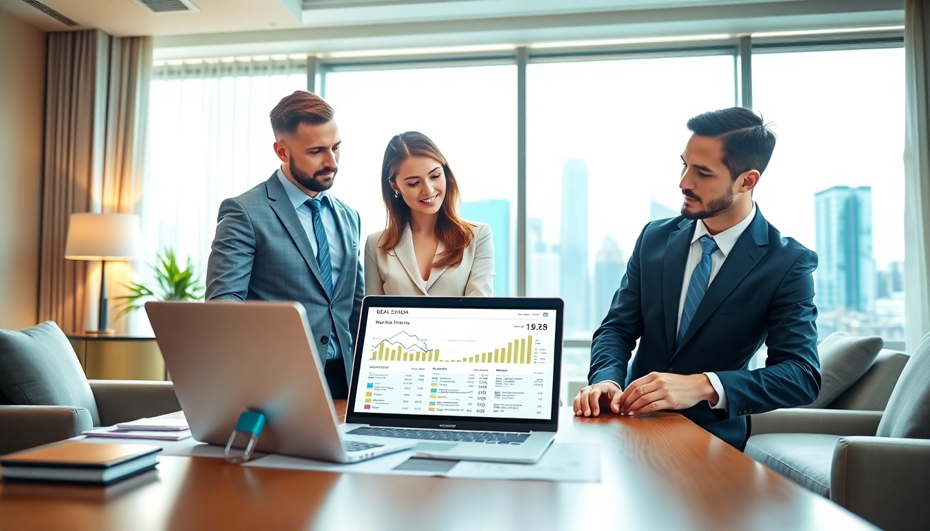Real Estate agents discussing property listings in a modern office setting.