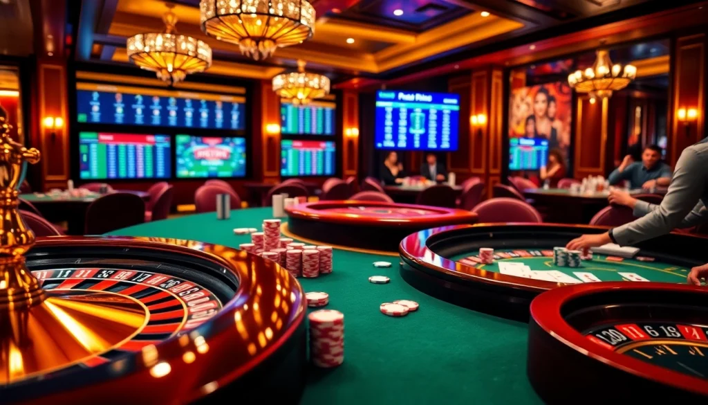 Experience thrilling gameplay at https://kjc686.com/ with lively casino tables, poker chips, and a roulette wheel.