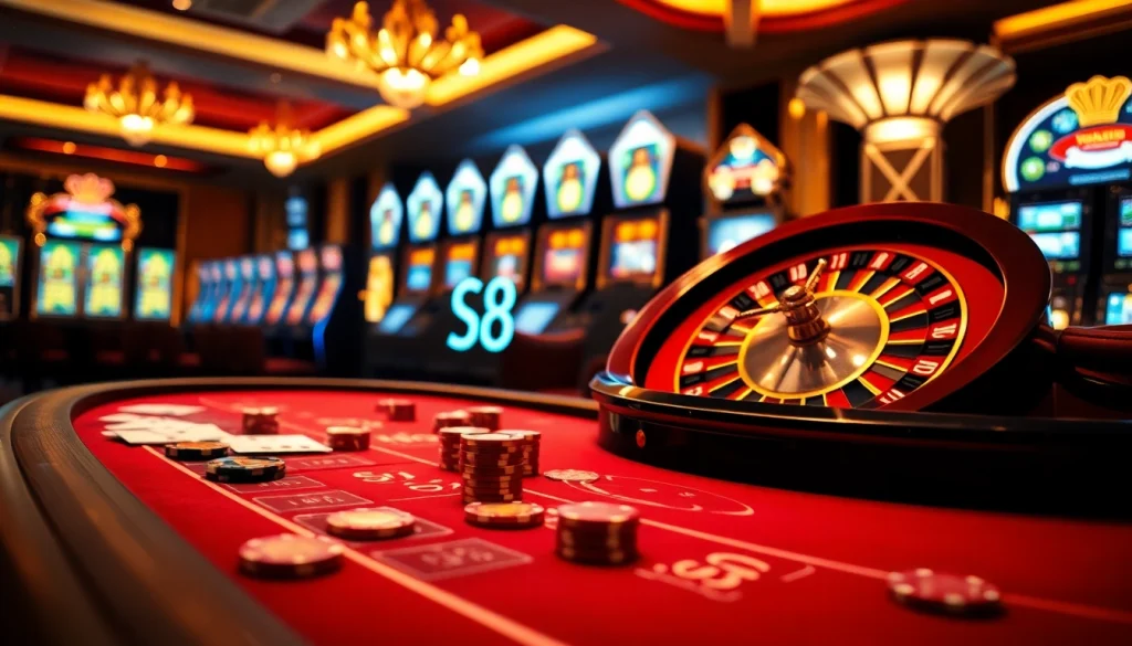 S8 presents a thrilling casino atmosphere with luxurious tables, vibrant slots, and professional gambling vibes.