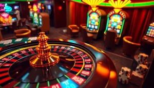 Engage with thrilling casino excitement at lc88 bio, showcasing vibrant slot machines and poker tables.