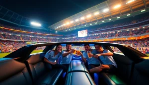 World Cup Group Transportation in a luxurious limousine with fans celebrating outside a stadium.