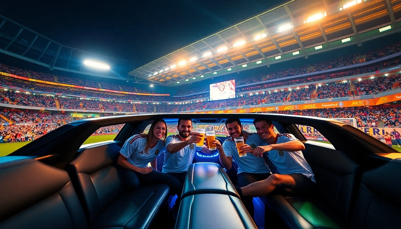 World Cup Group Transportation in a luxurious limousine with fans celebrating outside a stadium.