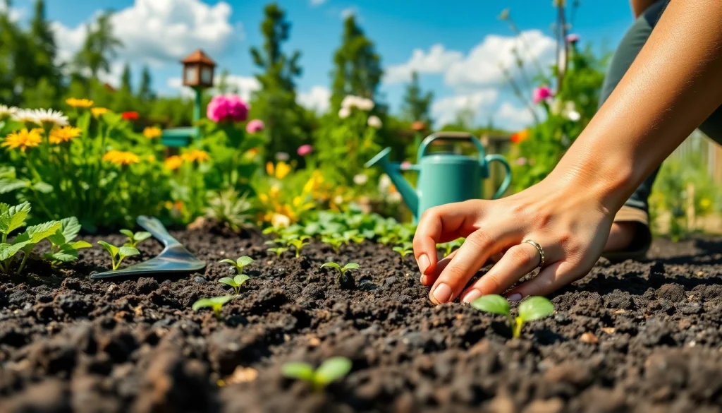 Gardening hands planting seeds with colorful plants in a bright backyard setting.