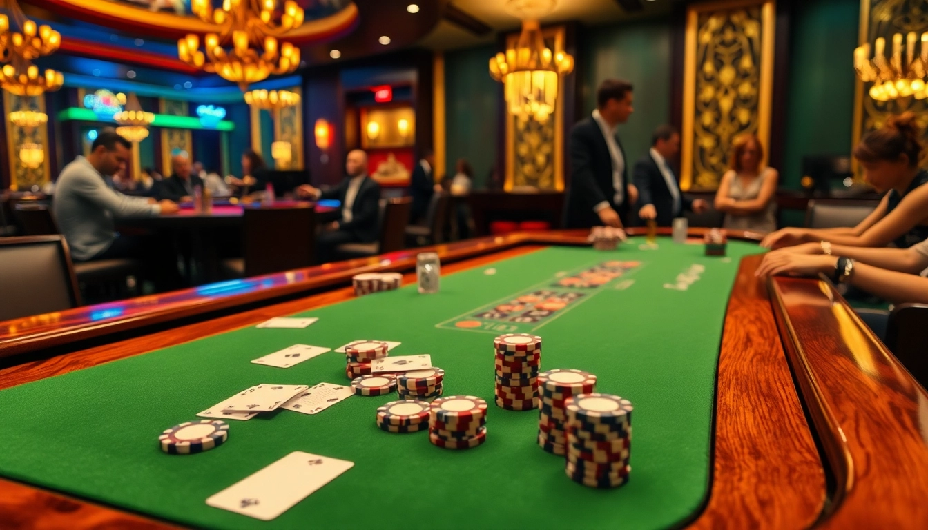 RAJABARONG poker chips and cards on a luxurious casino table in an engaging game scene.