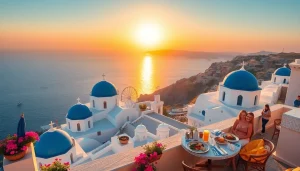 Stunning sunset over Santorini, Greece, highlighting beautiful travel destinations.