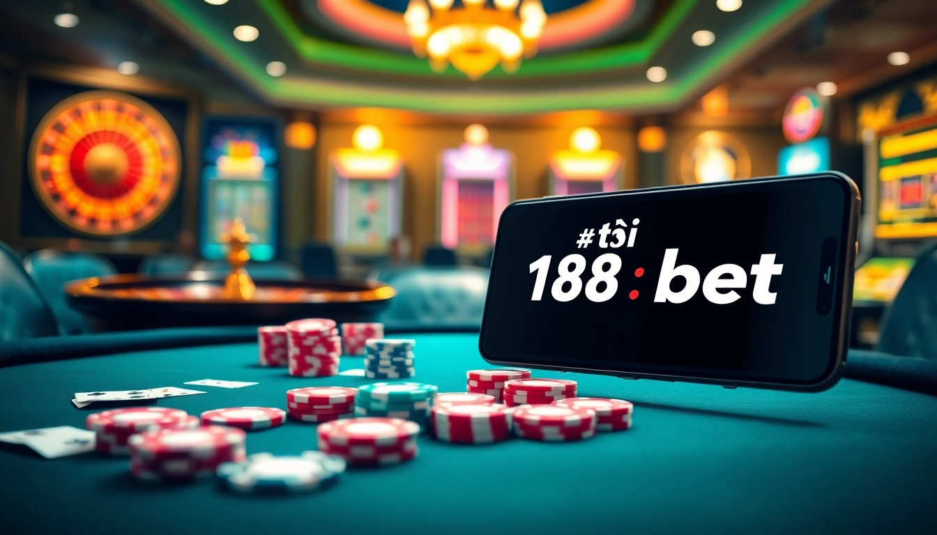 Experience the thrill of tải 188bet with a luxurious casino setting showcasing poker and slot games.