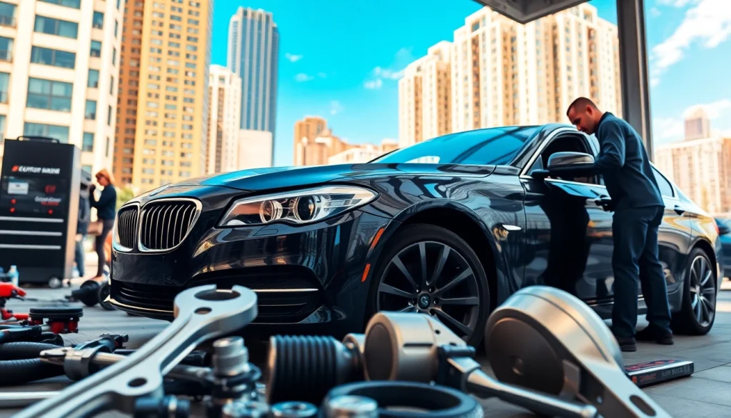 Find reliable car service near me with a technician servicing a sleek black sedan in an urban environment.