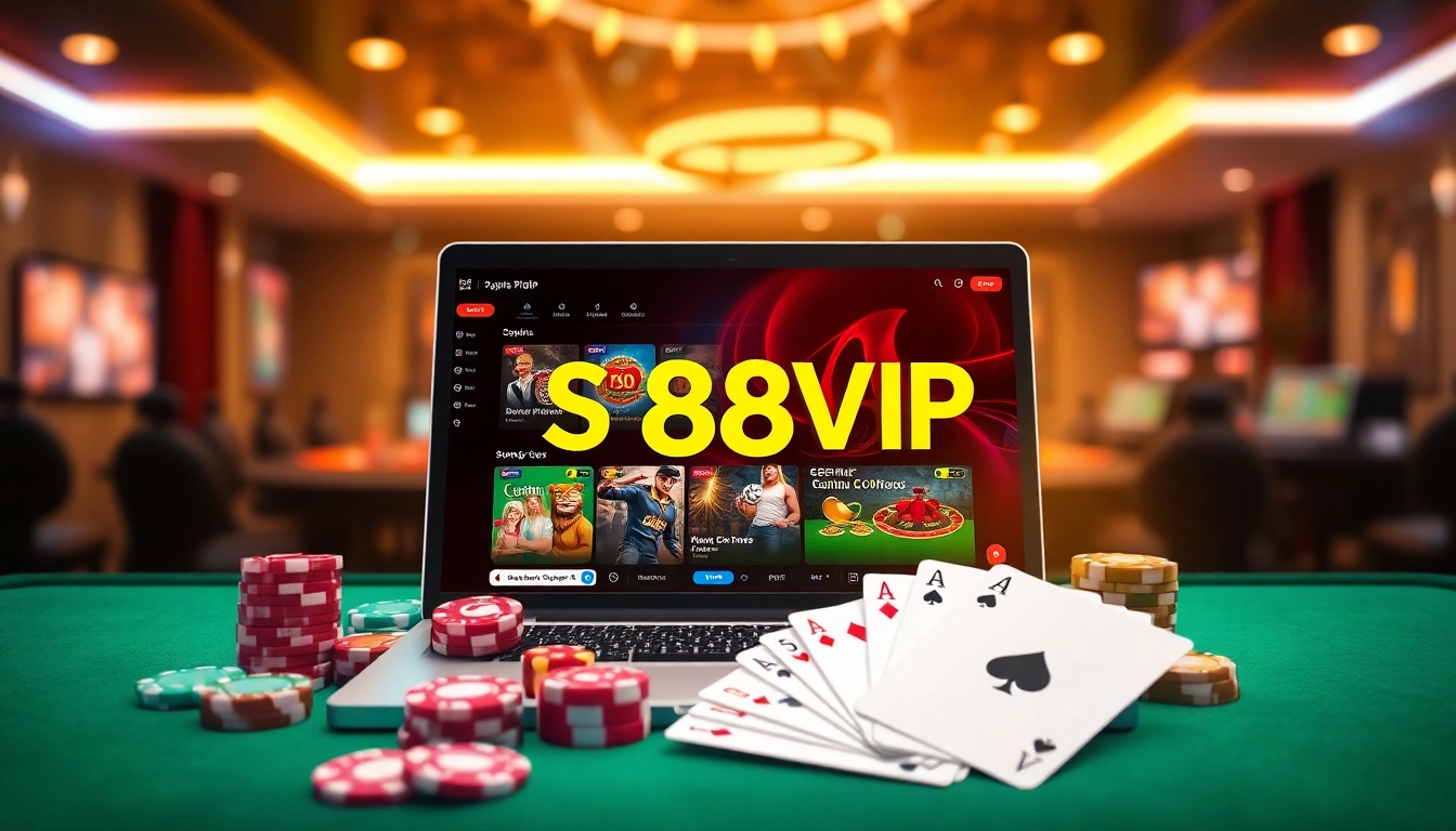 S88VIP poker chips and a laptop screen showcasing exciting online casino games