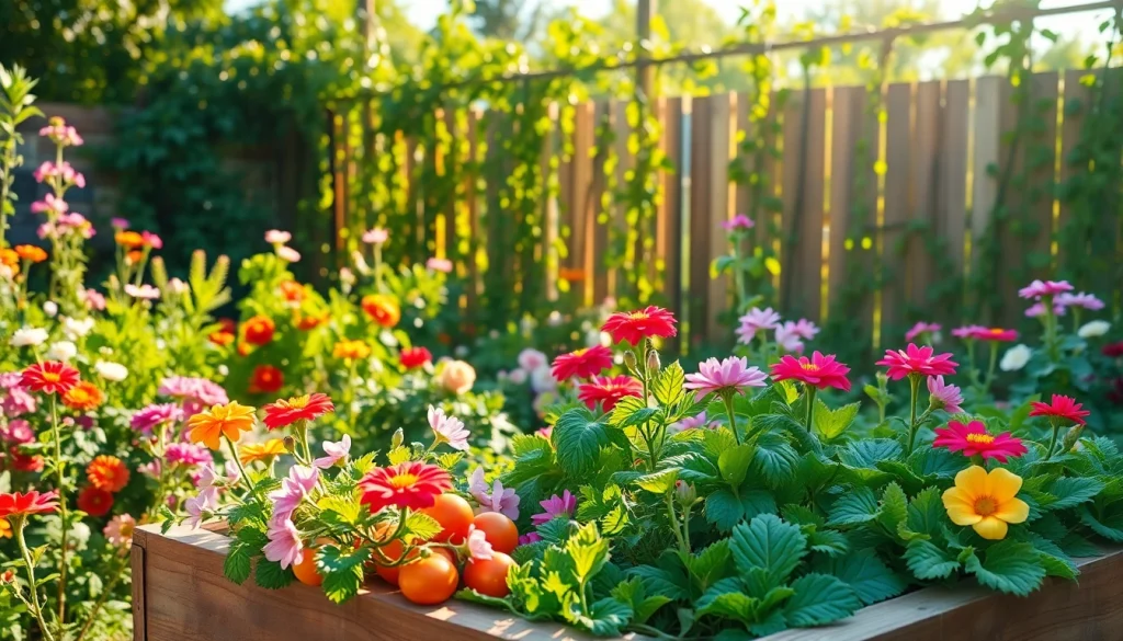 Engaging scene of Gardening with colorful flowers, vegetables, and sunlight in a vibrant garden