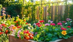 Engaging scene of Gardening with colorful flowers, vegetables, and sunlight in a vibrant garden