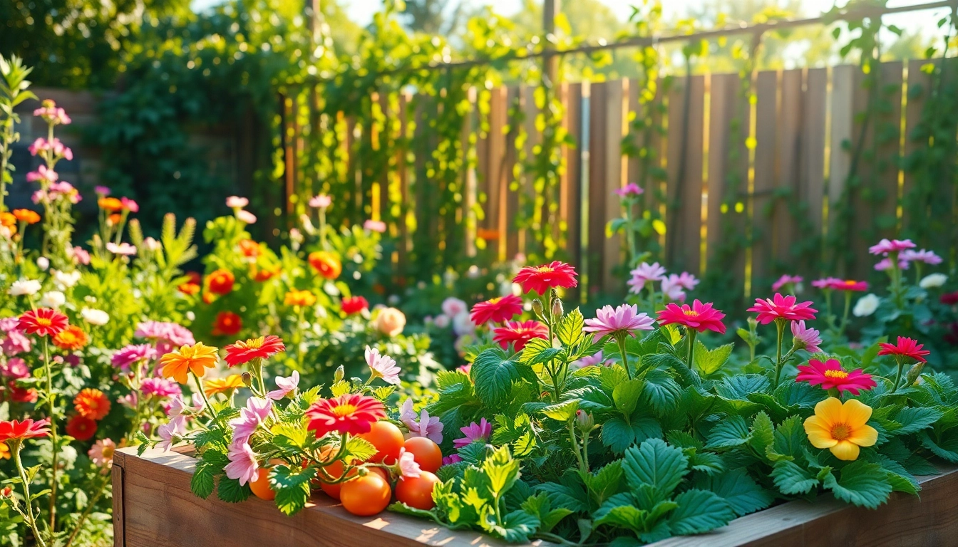 Engaging scene of Gardening with colorful flowers, vegetables, and sunlight in a vibrant garden