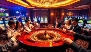 Experience the elegance of Nhà Cái Uy Tín at a luxurious casino with a vibrant roulette table.