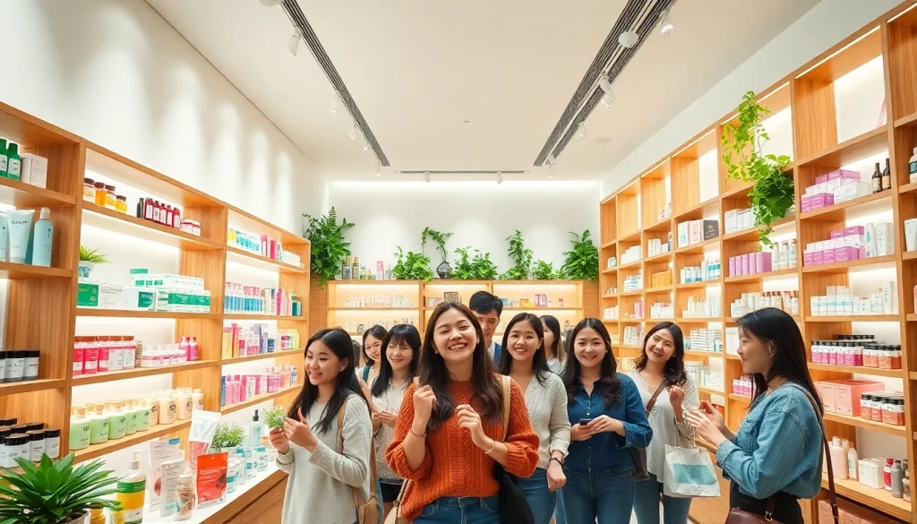 Utforska K-beauty online med en livlig skönhetsbutiksdisplay som visar populära hudvårds- och makeupprodukter.