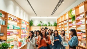 Utforska K-beauty online med en livlig skönhetsbutiksdisplay som visar populära hudvårds- och makeupprodukter.