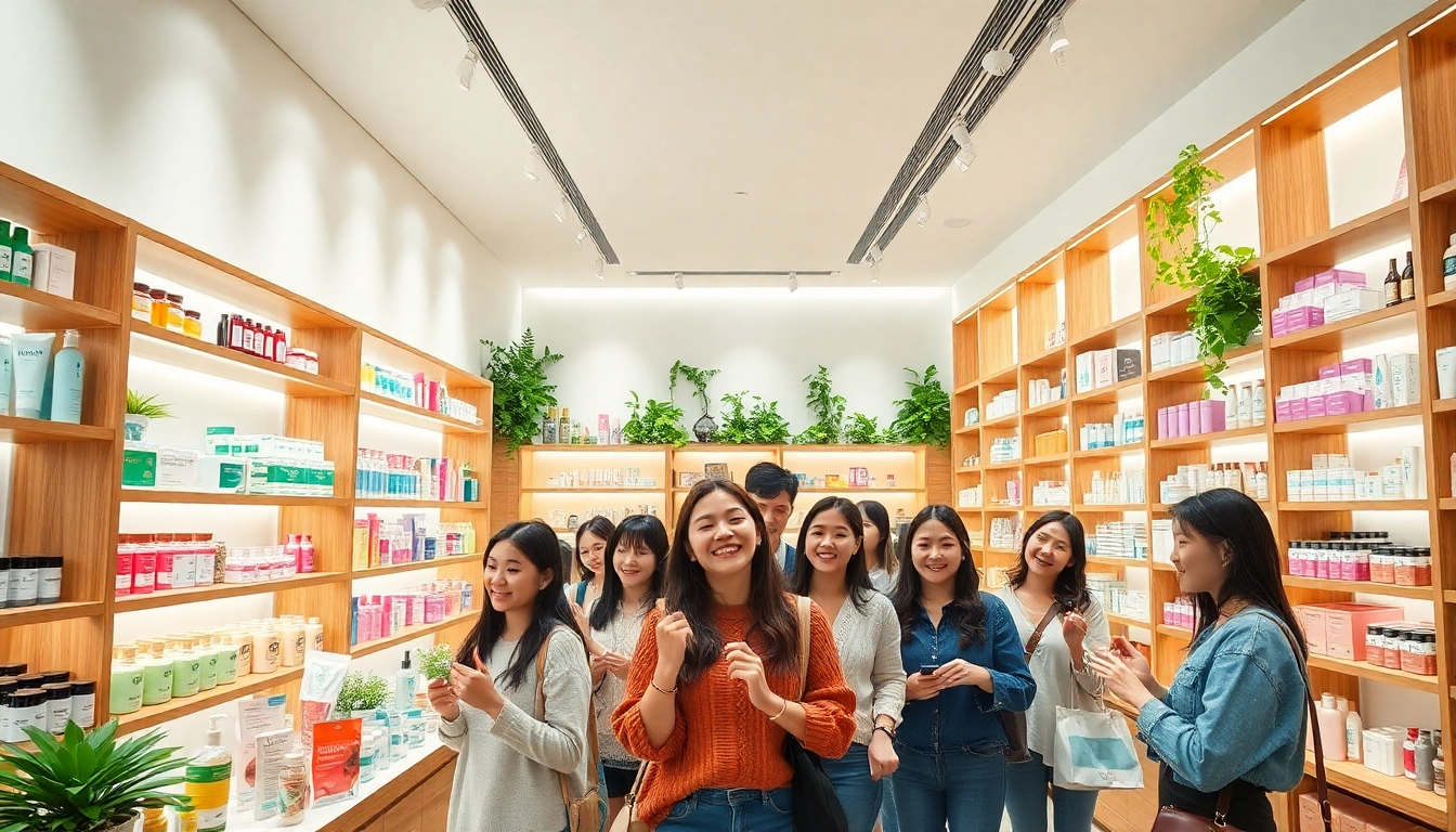 Utforska K-beauty online med en livlig skönhetsbutiksdisplay som visar populära hudvårds- och makeupprodukter.