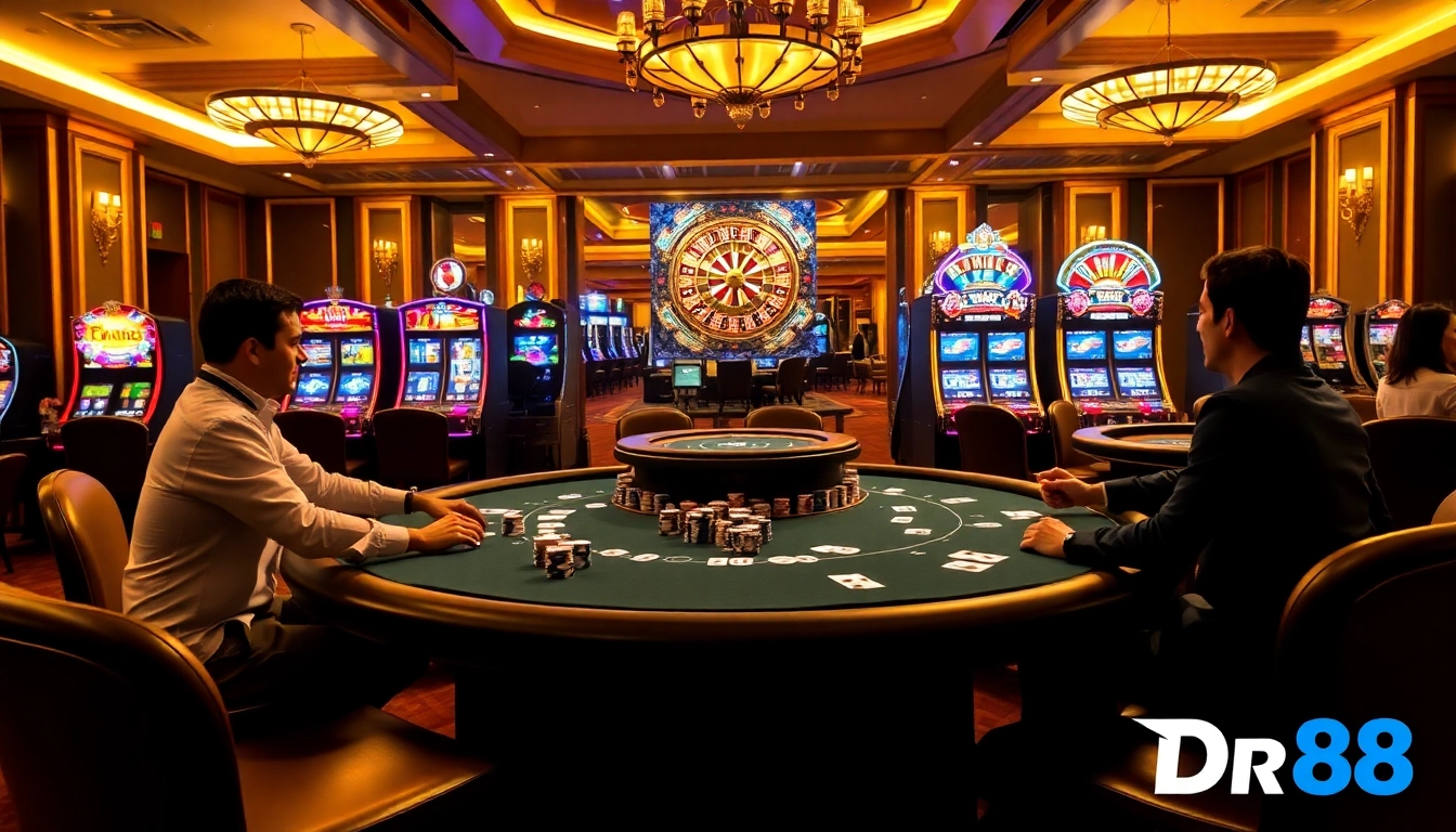 Experience thrilling gameplay at Trang chủ Dr88 with luxurious poker tables and vibrant slot machines.
