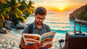 Engaging travel scene at http://datanisle.com with a traveler and stunning beach sunset.