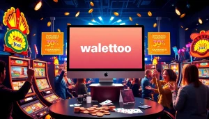 Permainan slot walettoto yang seru dengan pemain bersemangat dalam suasana kasino.