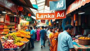 Lanka Ad: A vibrant Sri Lankan marketplace with colorful stalls, showcasing local products and community engagement.