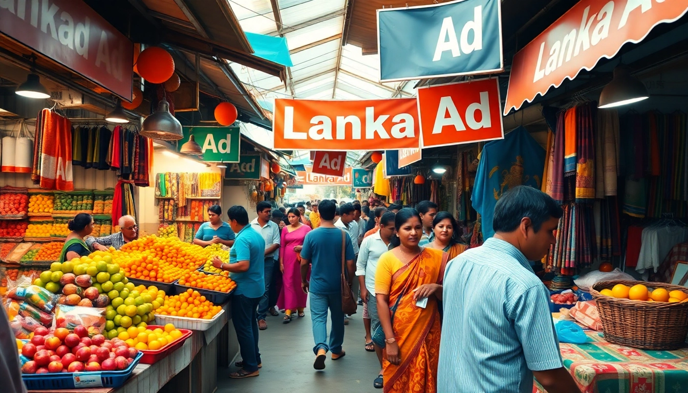 Lanka Ad: A vibrant Sri Lankan marketplace with colorful stalls, showcasing local products and community engagement.