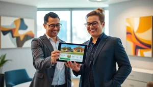 Showcasing Real Estate interactions with clients in a modern office environment.