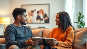 Engaging conversation about sex AI in a cozy living room setting.